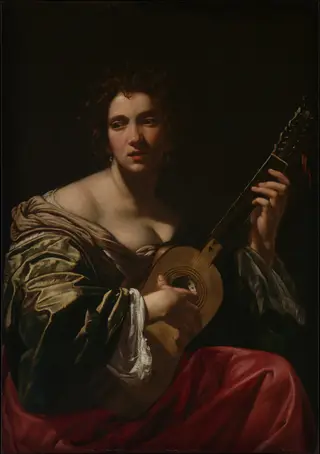 Woman Playing a Guitar, by Simon Vouet, oil, 1618