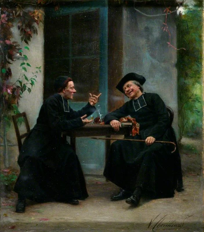 The Curé's Story: Two Priests Seated at a Table, detail