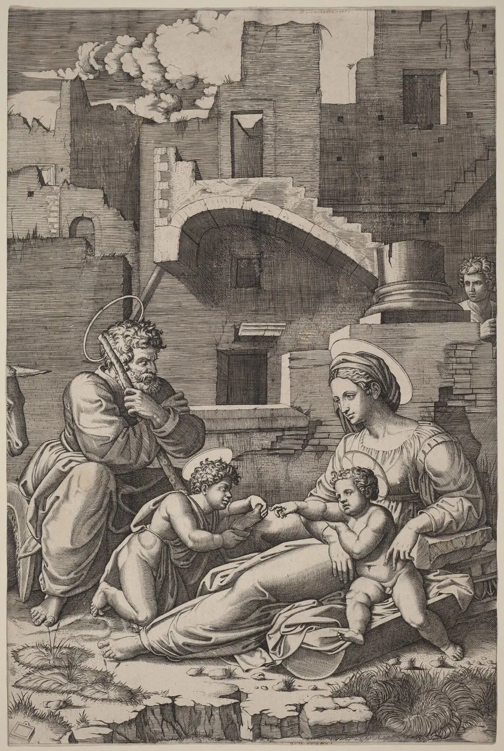 The Holy Family with the Young Saint John the Baptist (The Madonna of the Long Thigh), by Marcantonio Raimondi, ink, 1518