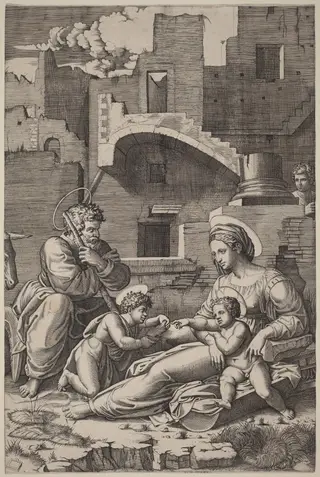 The Holy Family with the Young Saint John the Baptist (The Madonna of the Long Thigh), by Marcantonio Raimondi, ink, 1518