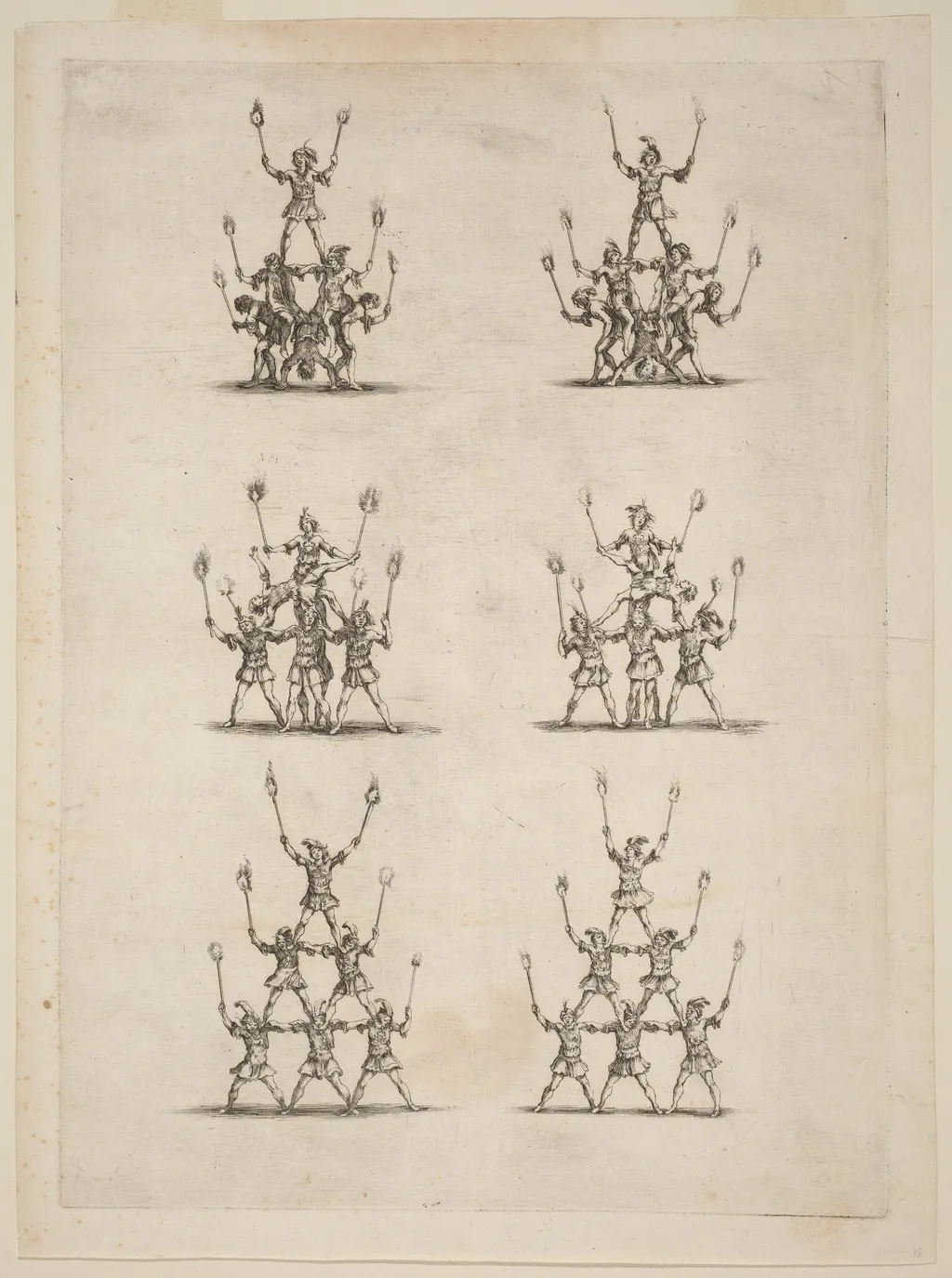 Thirty-Six Jugglers Standing in Pyramids, by Stefano Della Bella, ink, 1652
