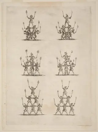 Thirty-Six Jugglers Standing in Pyramids, by Stefano Della Bella, ink, 1652