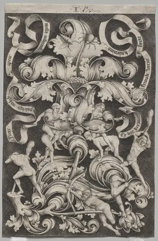 Upright Ornament with Eight Naked Men, by Israhel van Meckenem, 1495