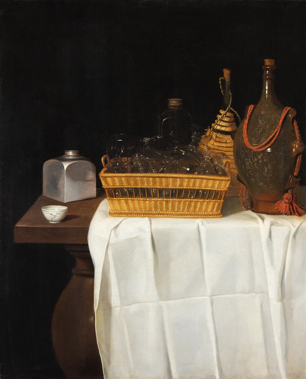 Still-Life with Glasses and Bottles, by Sebastian Stoskopff, oil, 1635
