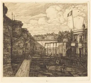Bain-froid chevrier, dit "de l'École" (Chevrier's Cold-Bath Establishment, Sometimes called the "School-Baths"), by Charles Meryon, ink, 1864