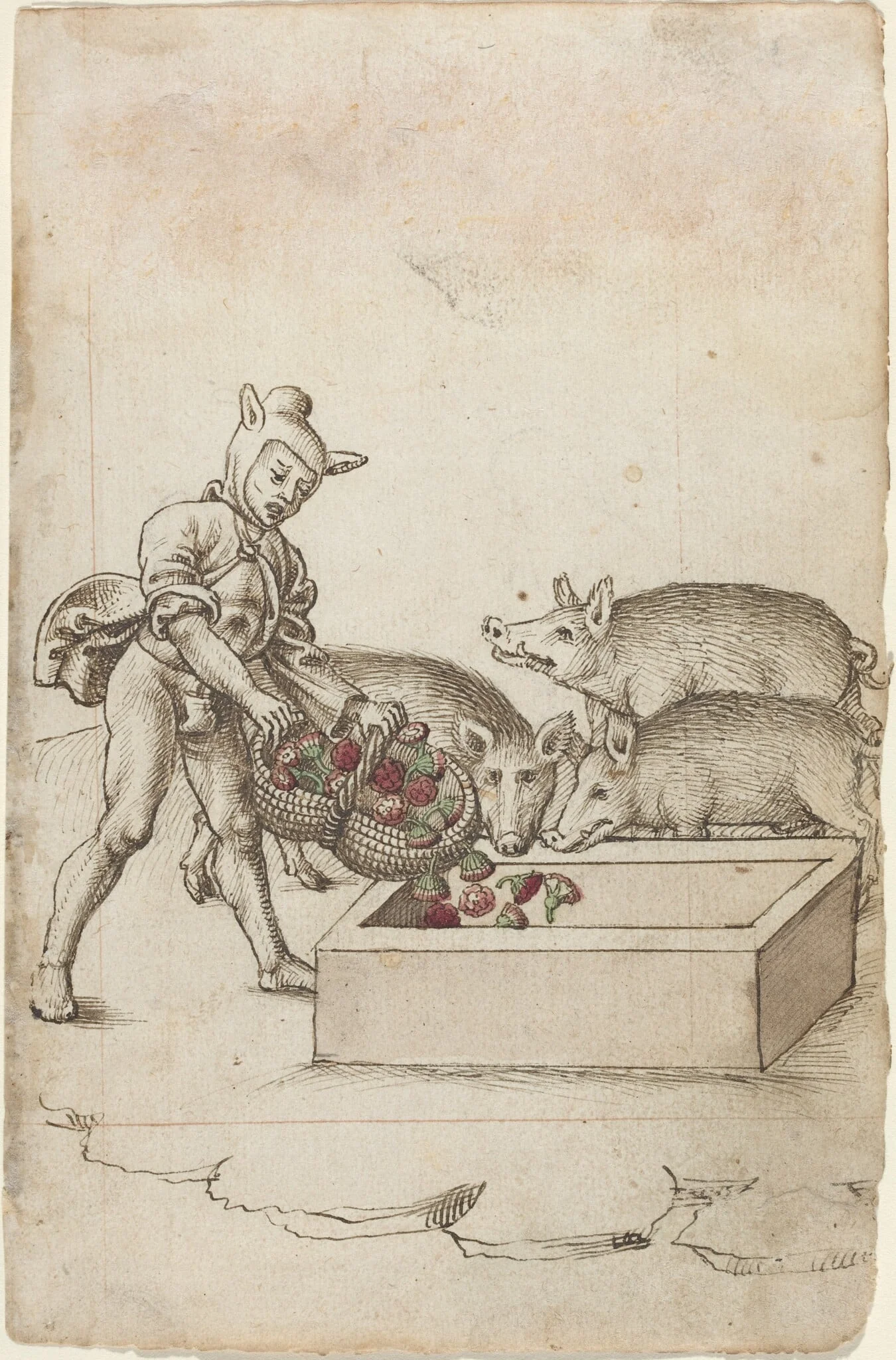 A Fool Feeding Flowers to Swine [fol. 42 recto], detail