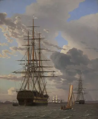 The Russian Ship of the Line "Asow" and a Frigate at Anchor in the Roads of Elsinore, by Christoffer Wilhelm Eckersberg, oil, 1828
