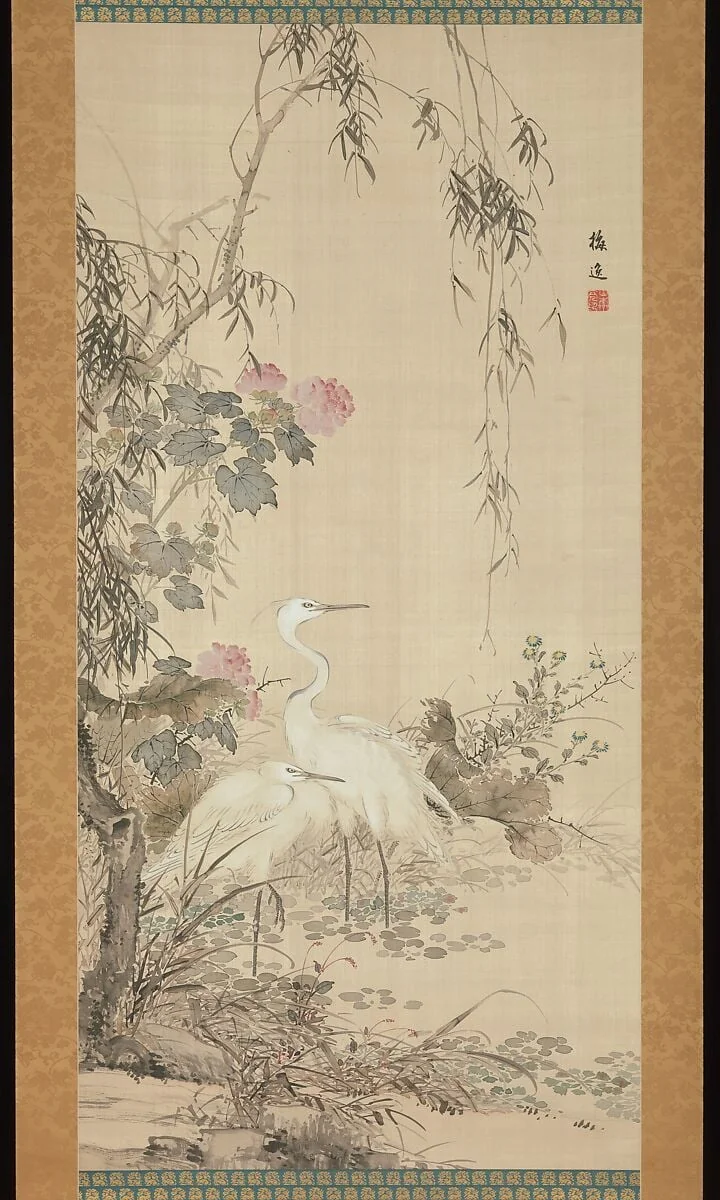 山本梅逸筆 柳鷺図|Egrets, Peonies, and Willows, detail