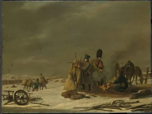Bivouac at Molodechno, 3-4 December 1812: an episode from Napoleon's Retreat from Russia, by Johannes Hari, unspecified, 1816