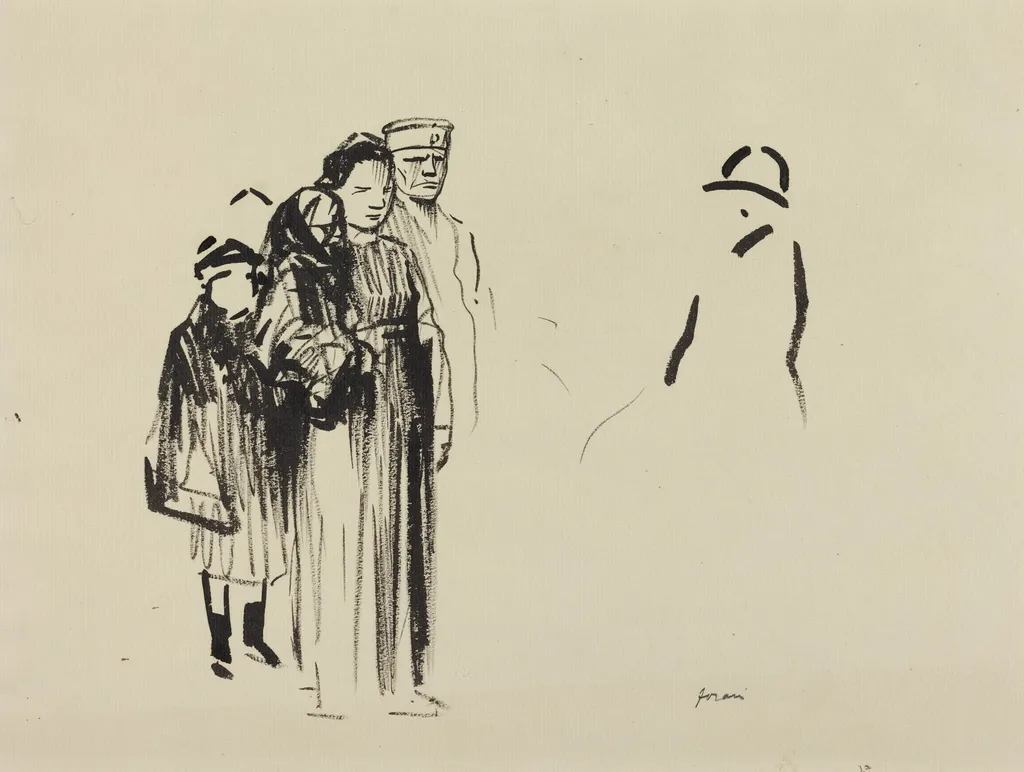 Woman and Two Children with German Soldiers, by Jean-Louis Forain, ink, 1916