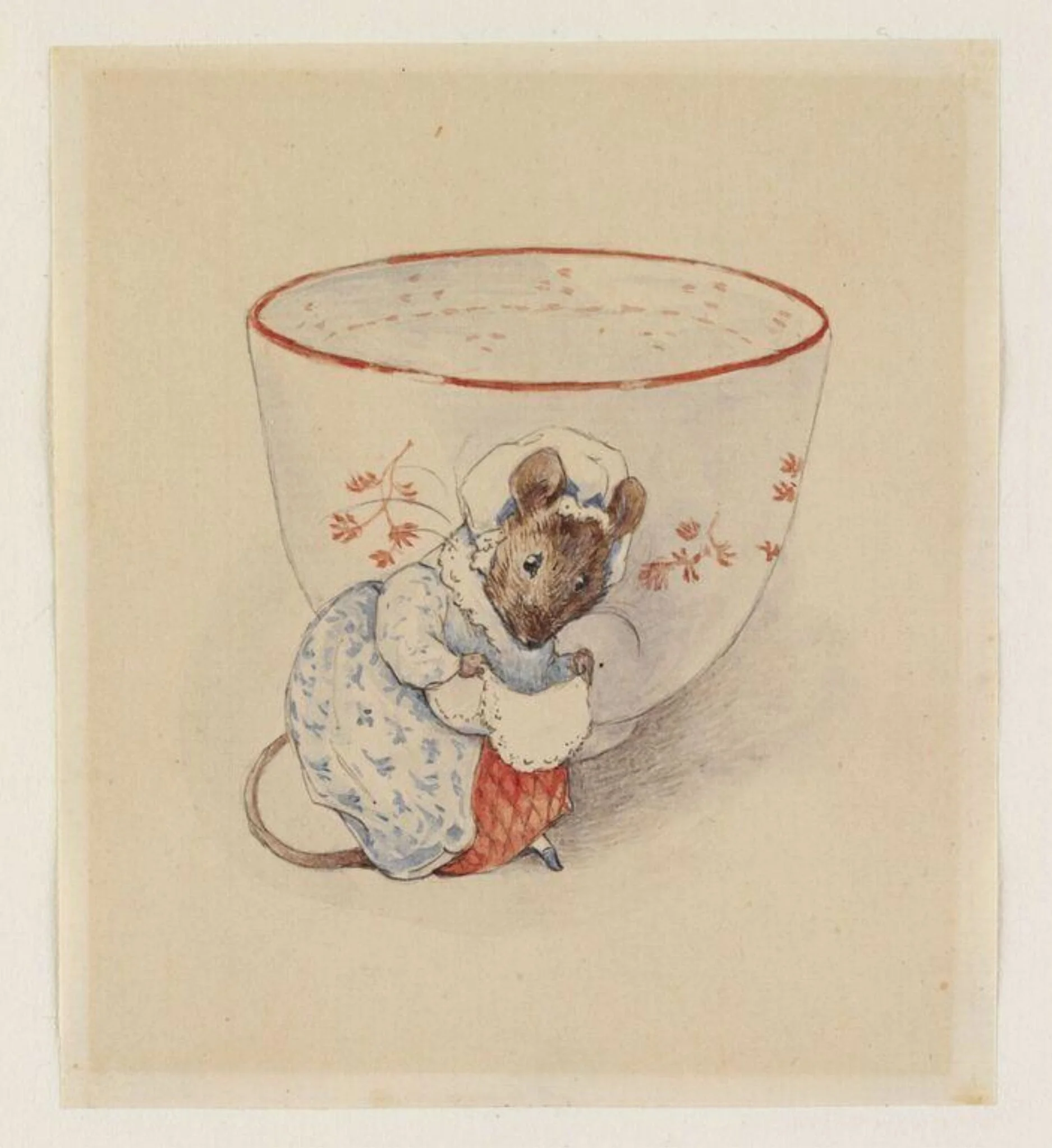 Lady mouse curtseying beside a tea-cup, detail