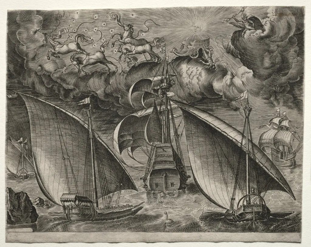 Sailing Vessels: Two Galleys Sailing Behind an Armed Three-Master with Phaeton and Jupiter in the Sky, by Pieter Brueghel I, 1563