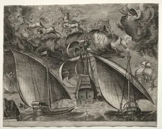 Sailing Vessels: Two Galleys Sailing Behind an Armed Three-Master with Phaeton and Jupiter in the Sky, by Pieter Brueghel I, 1563