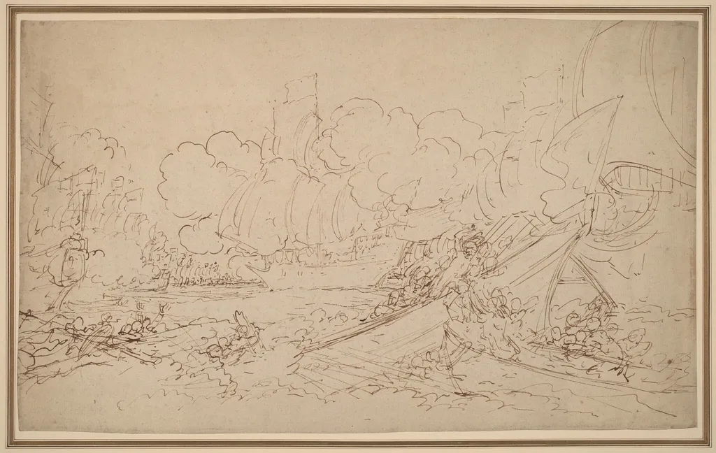 Study for The Battle of La Hogue [recto], by Benjamin West, ink, 1778