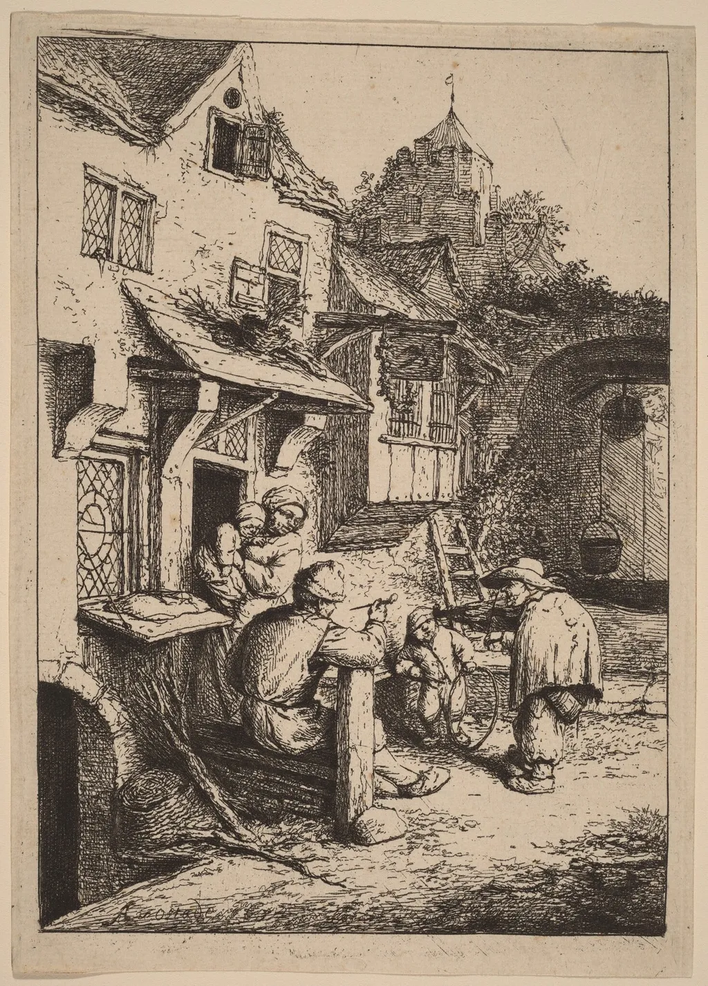 Peasant Family Entertained by a Fiddler with a Hunchback, by Adriaen van Ostade, ink, 1652