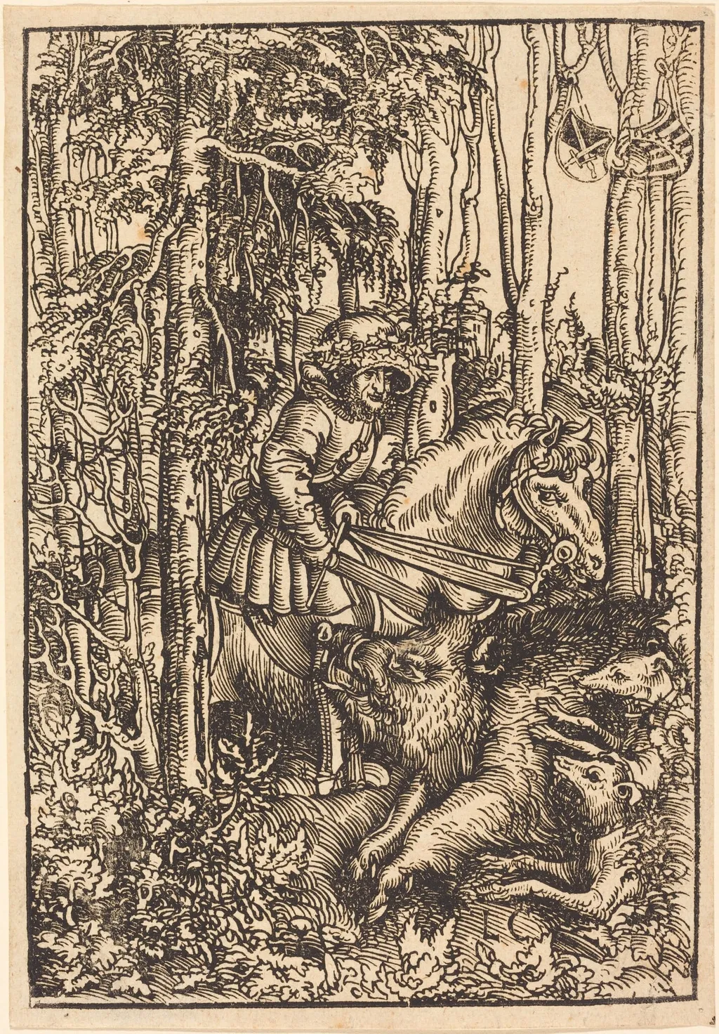 Hunter on Horseback Hunting a Wild Boar, by Lucas Cranach the Elder, ink, 1506