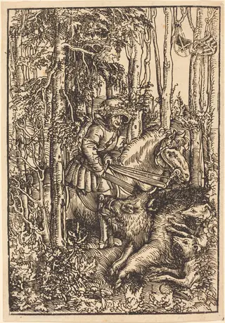 Hunter on Horseback Hunting a Wild Boar, by Lucas Cranach the Elder, ink, 1506