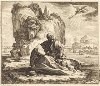 Saint John on the Isle of Patmos, by Jacques Callot, ink, 1625