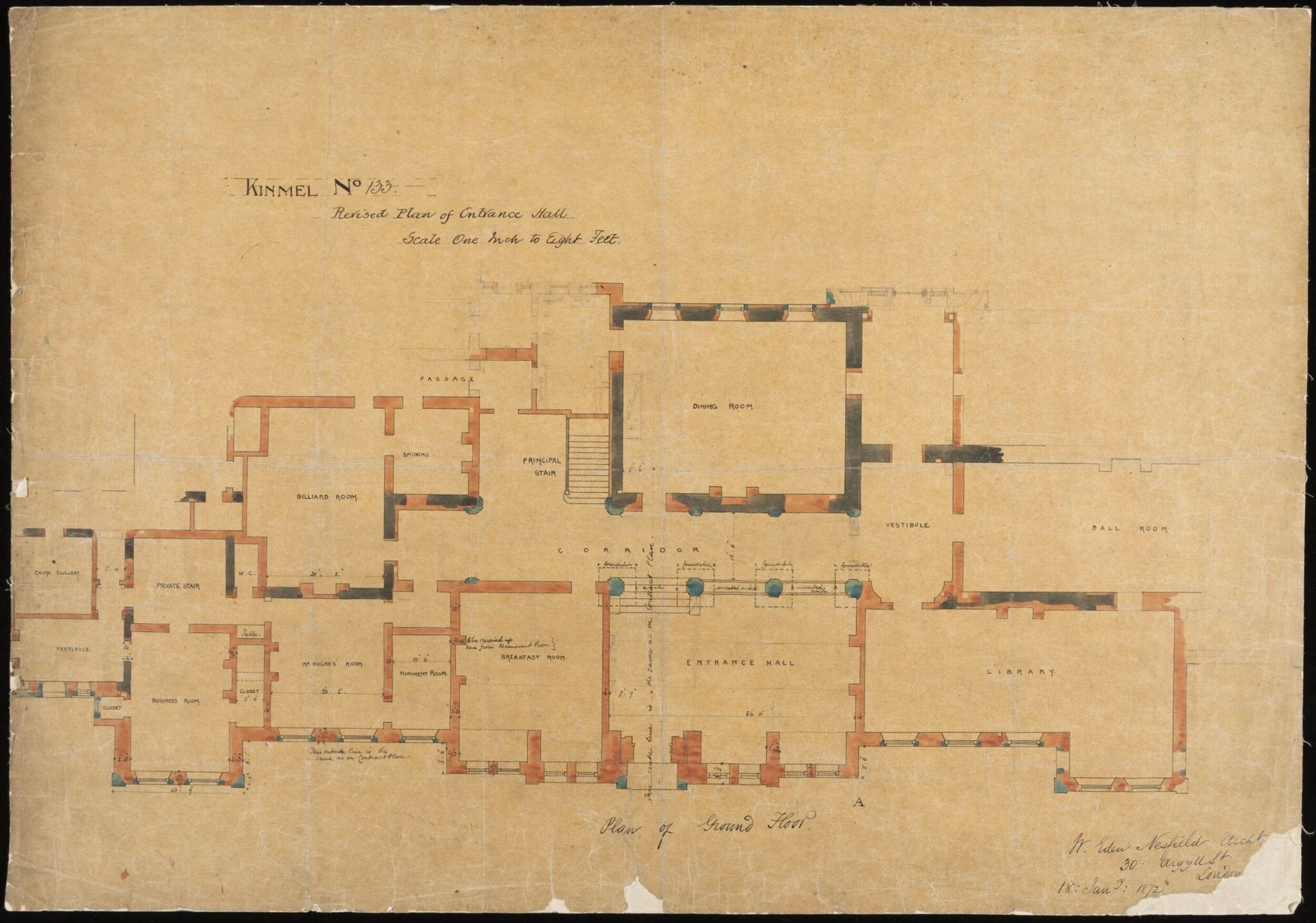 Kinmel Hall, drawing no. 133, revised plan for entrance hall, detail