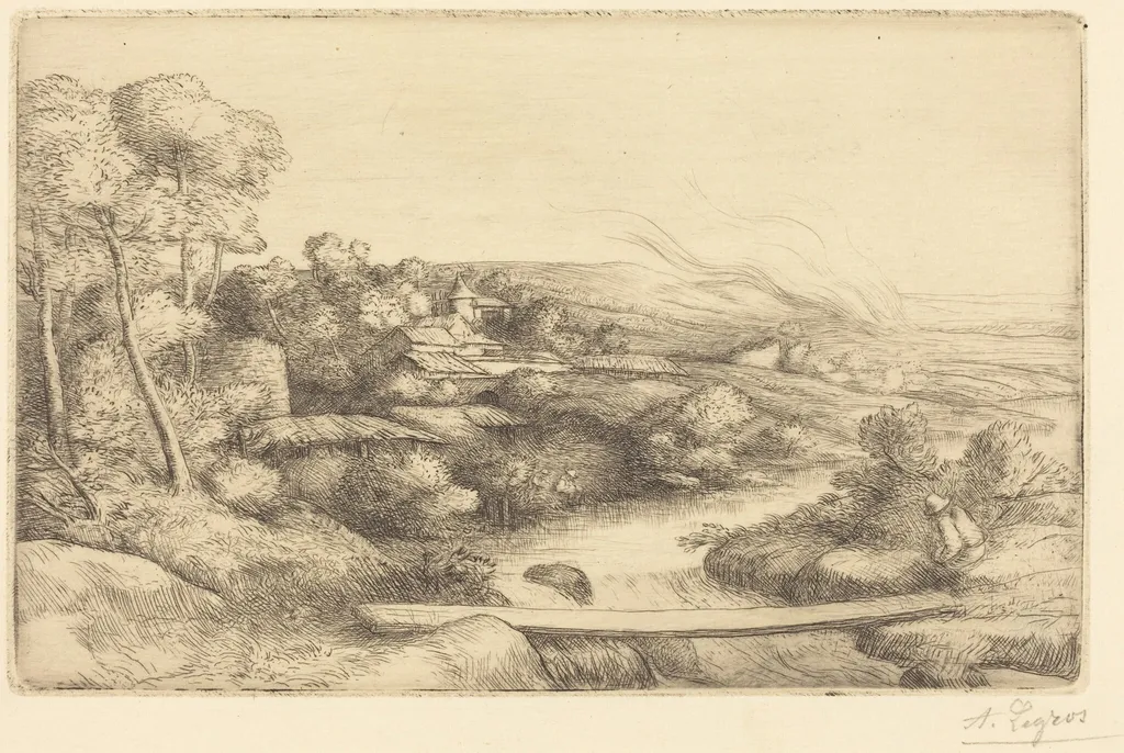 Footbridge (La passerelle), by Alphonse Legros, ink, 1874