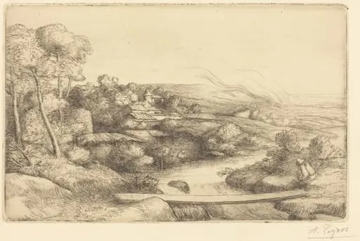 Footbridge (La passerelle), by Alphonse Legros, ink, 1874
