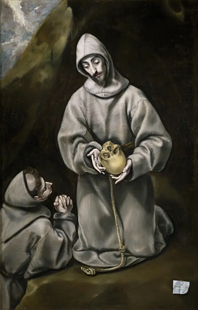 Saint Francis of Assisi and Brother Leo Meditating on Death, by El Greco, oil, 1593