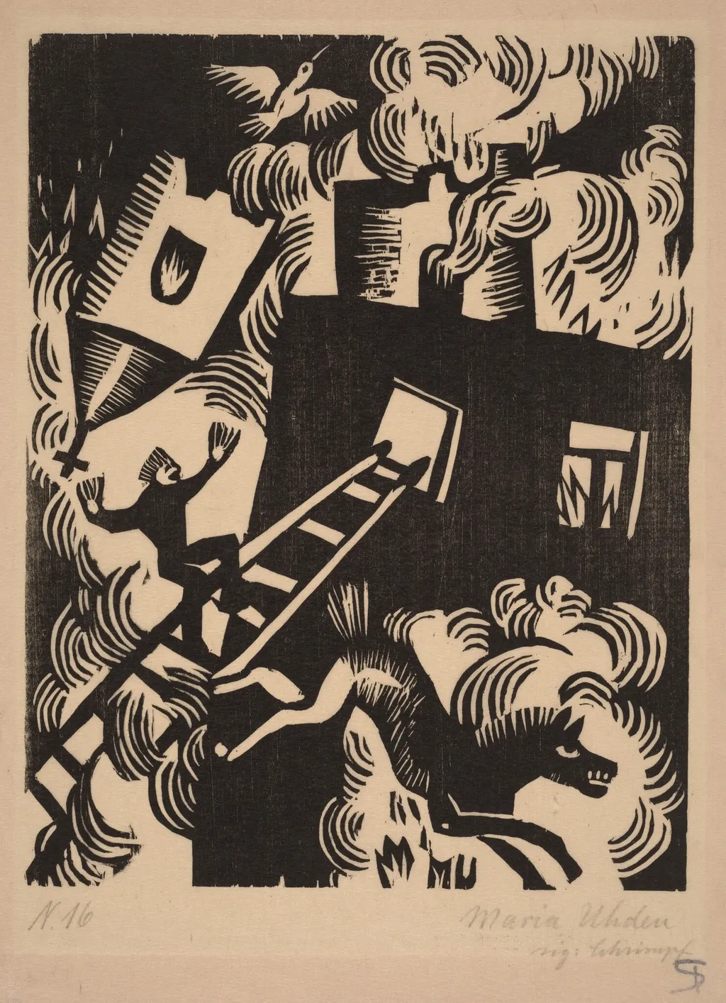 Burning House, by Maria Uhden, ink, 1918
