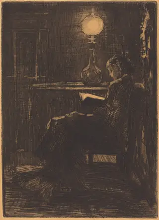 Liseuse à la Lampe (Woman Reading by Lamplight), by Félix-Hilaire Buhot, ink, 1879