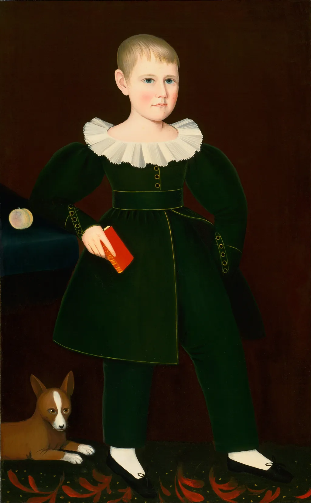 Blond Boy with Primer, Peach, and Dog, by Ammi Phillips, oil, 1836