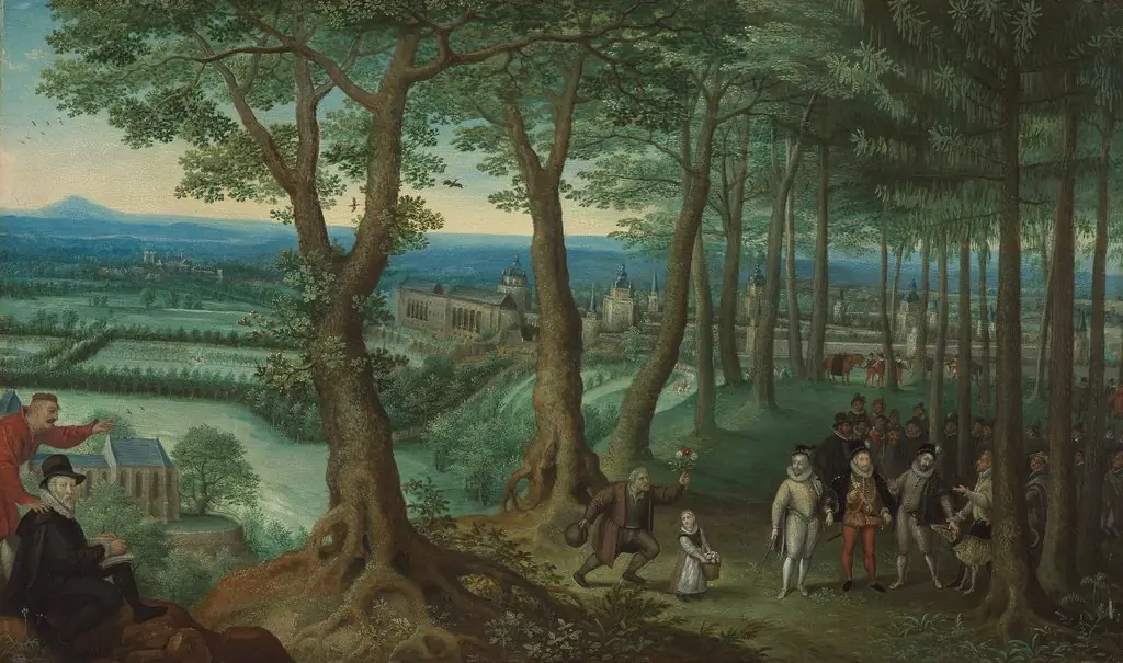 The emperor walking in the woods near Neugebäude Palace, by Lucas van Valckenborch, oil, 1597