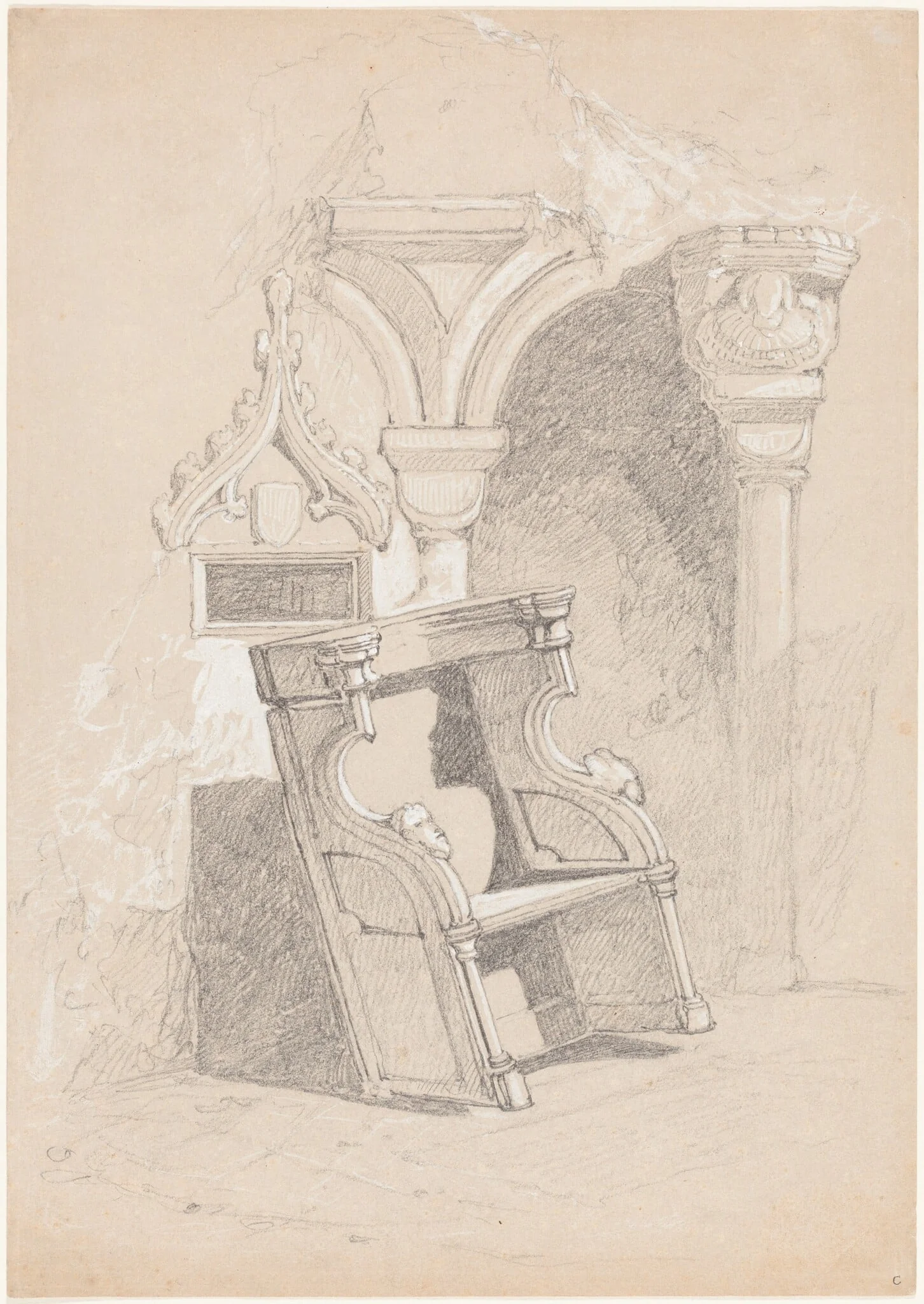 Sketch of Ruined Church Interior with Chair, detail