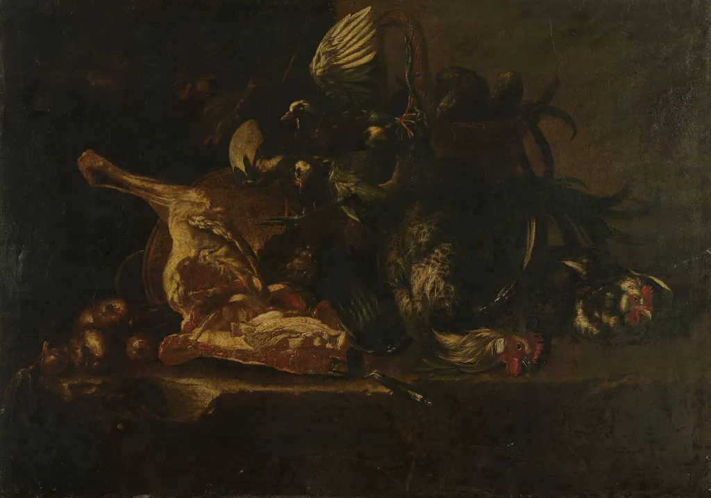 Still life with meat and dead birds, by Christoffel Puytlinck, oil, 1665