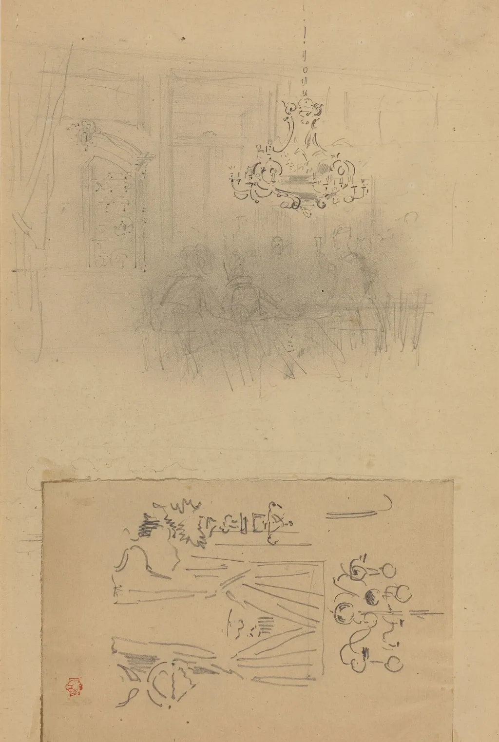 A Gathering in an Interior; A Curtained Doorway, by Félix-Hilaire Buhot, graphite, 1872