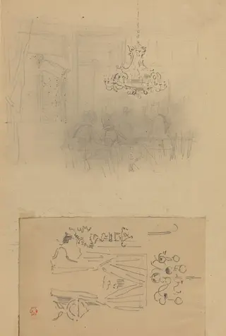A Gathering in an Interior; A Curtained Doorway, by Félix-Hilaire Buhot, graphite, 1872