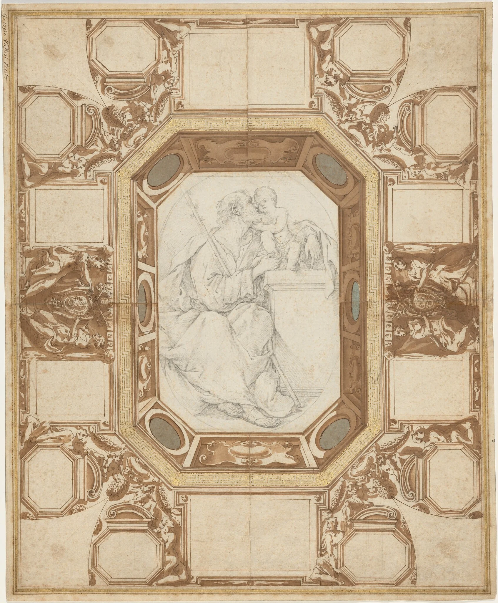 Ceiling with Allegorical Figures and the Arms of Pope Sixtus V (Guerra's outer drawing); Saint Joseph and the Christ Child (Viani's central drawing), detail