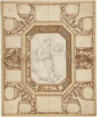 Ceiling with Allegorical Figures and the Arms of Pope Sixtus V (Guerra's outer drawing); Saint Joseph and the Christ Child (Viani's central drawing), by Giovanni Guerra, chalk