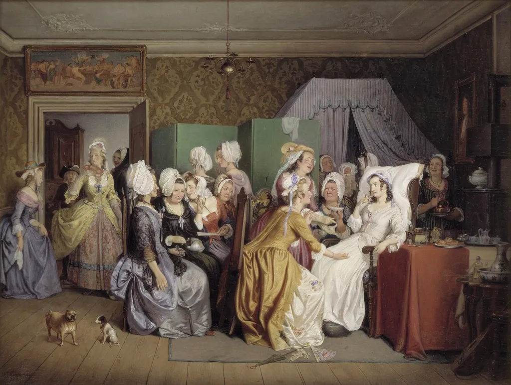 Scene from Ludwig Holberg's The Lying-in Room, by Wilhelm Marstrand, oil, 1845