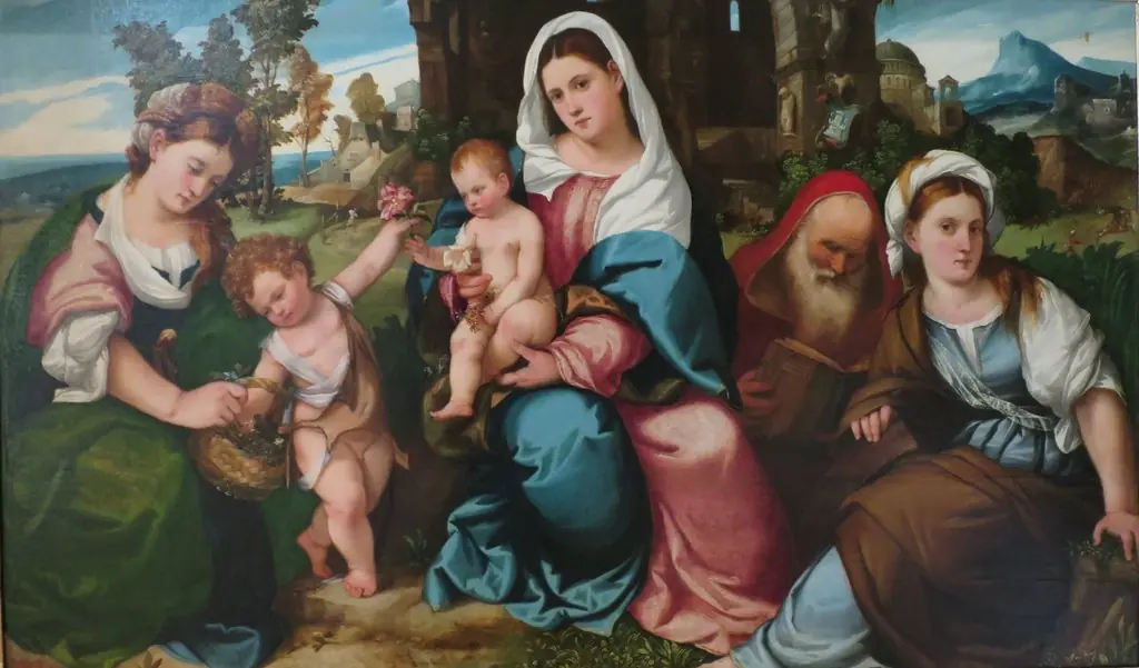 Madonna and Child with St Catherine, St John the Baptist, St Dorotea and St Anthony the Abbot, by Bonifazio Veronese, oil, 1523