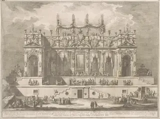 The Seconda Macchina for the Chinea of 1764: A  Magnificent Gallery Illuminated at Night, by Giuseppe Vasi, ink, 1764