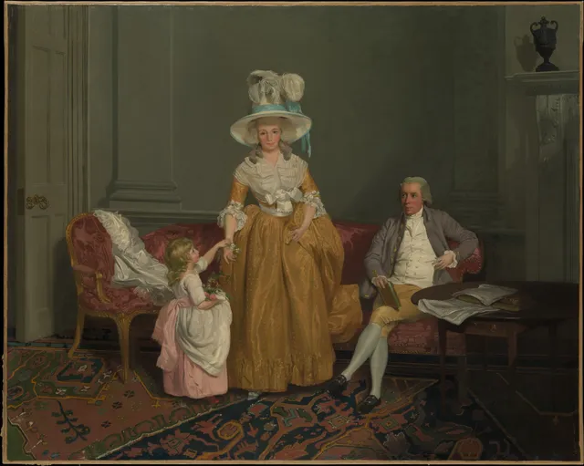 The Saithwaite Family (c. 1785). The group is staged as a single band of figures against open sky, lit by one raking pass of light rather than sitter by sitter.