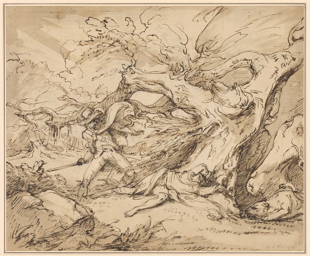Orlando Rescuing Oliver from the Lion, by Raphael Lamar West, ink, 1789