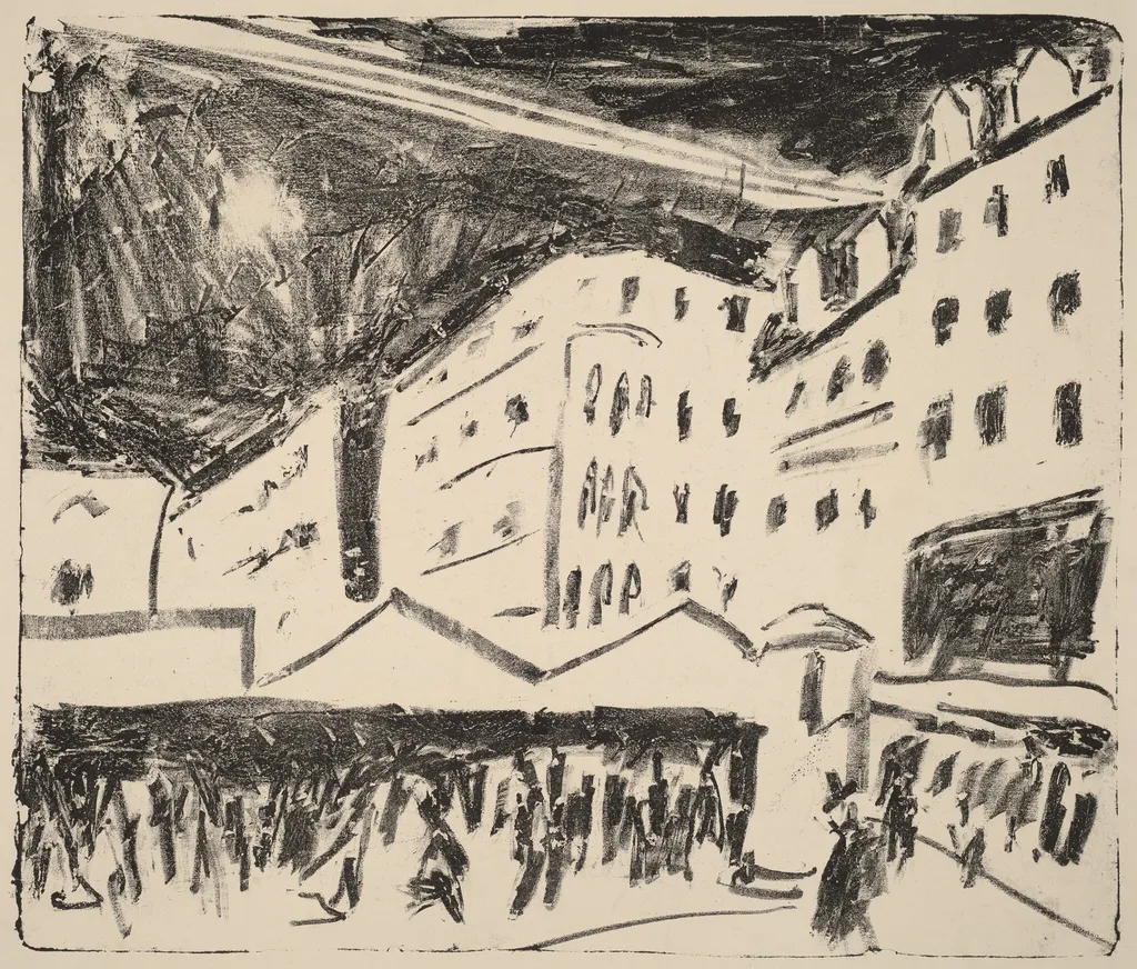 Old Market in Dresden with a Fair (Der Altmarkt in Dresden mit Jahrmarkt), by Ernst Ludwig Kirchner, ink, 1910