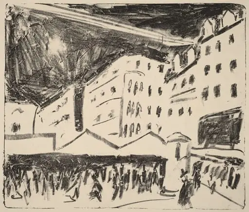 Old Market in Dresden with a Fair (Der Altmarkt in Dresden mit Jahrmarkt), by Ernst Ludwig Kirchner, ink, 1910