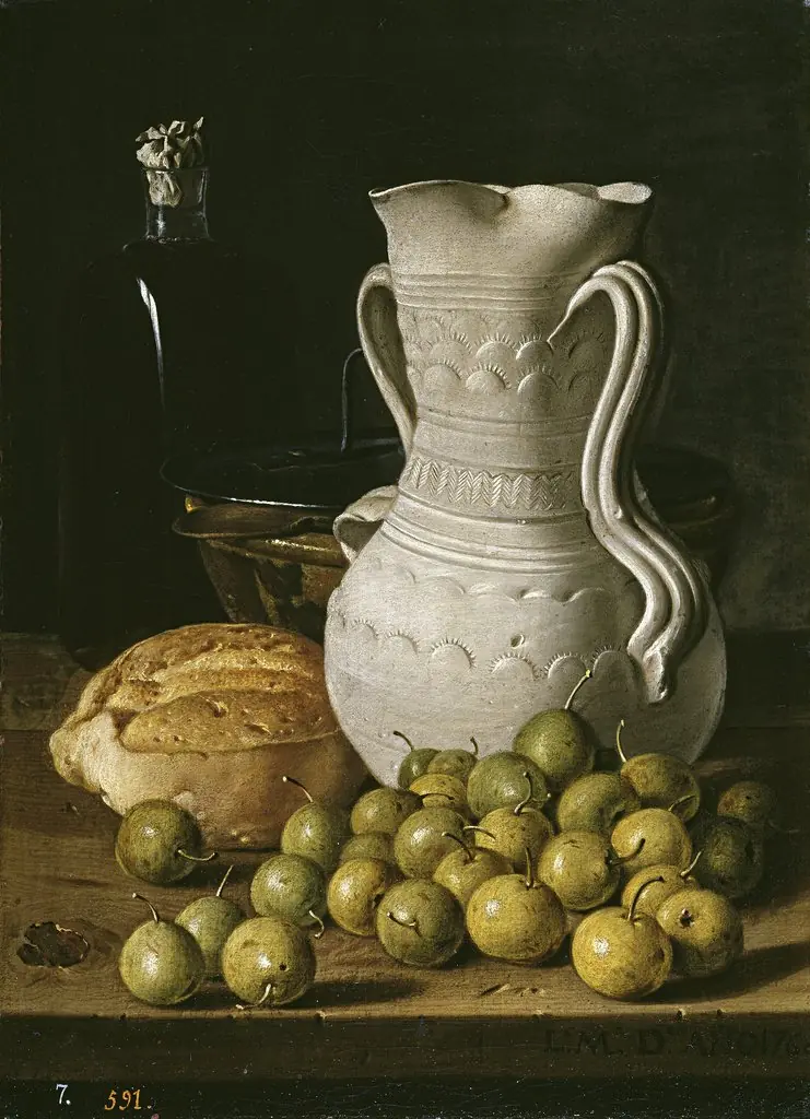 Still Life with Small Pears Bread Flask Bowl and Dry Leaves, by Luis Egidio Meléndez, oil, 1760