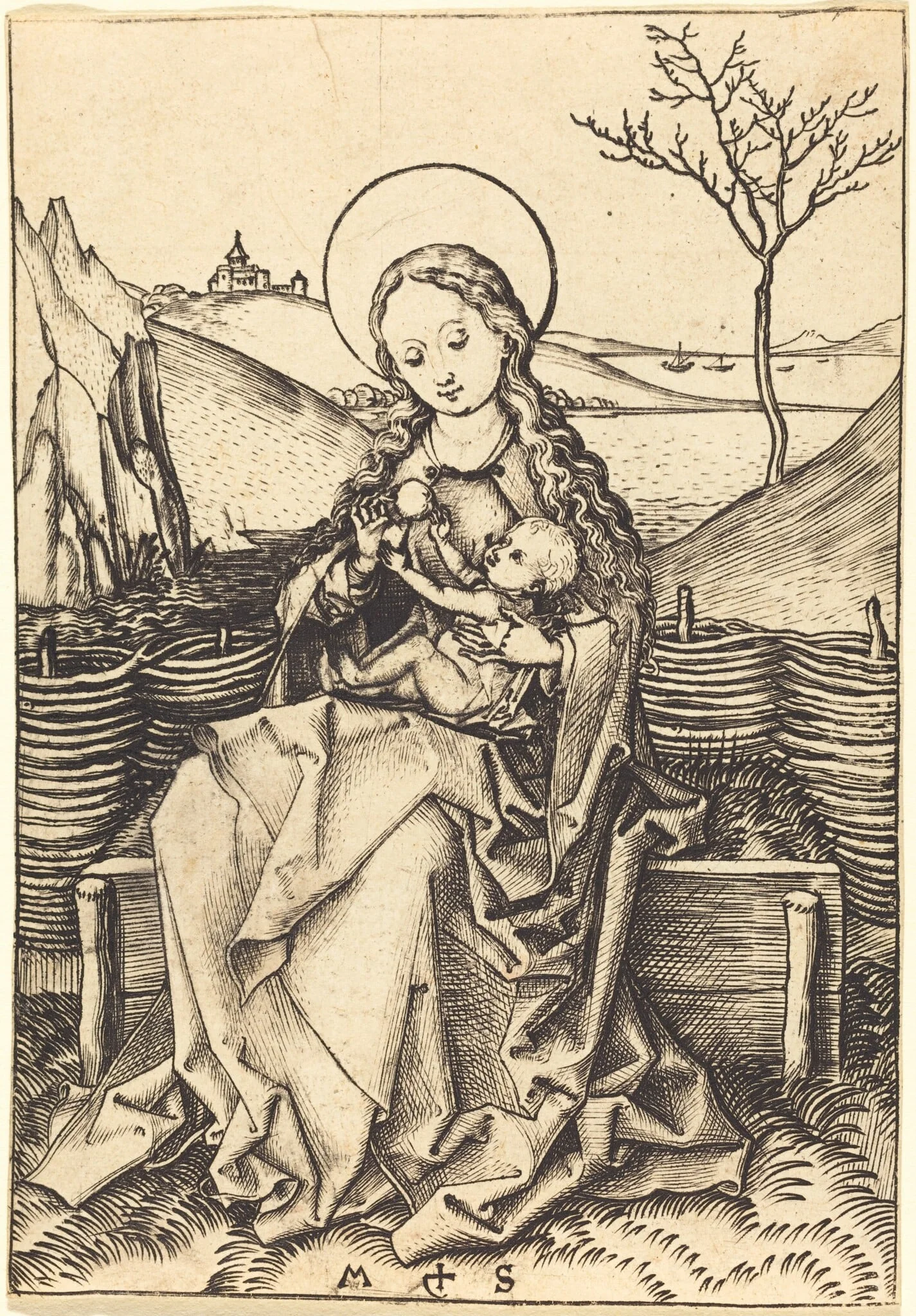 Virgin and Child on a Grassy Bench, detail