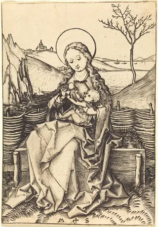 Virgin and Child on a Grassy Bench, by Martin Schongauer, ink, 1478