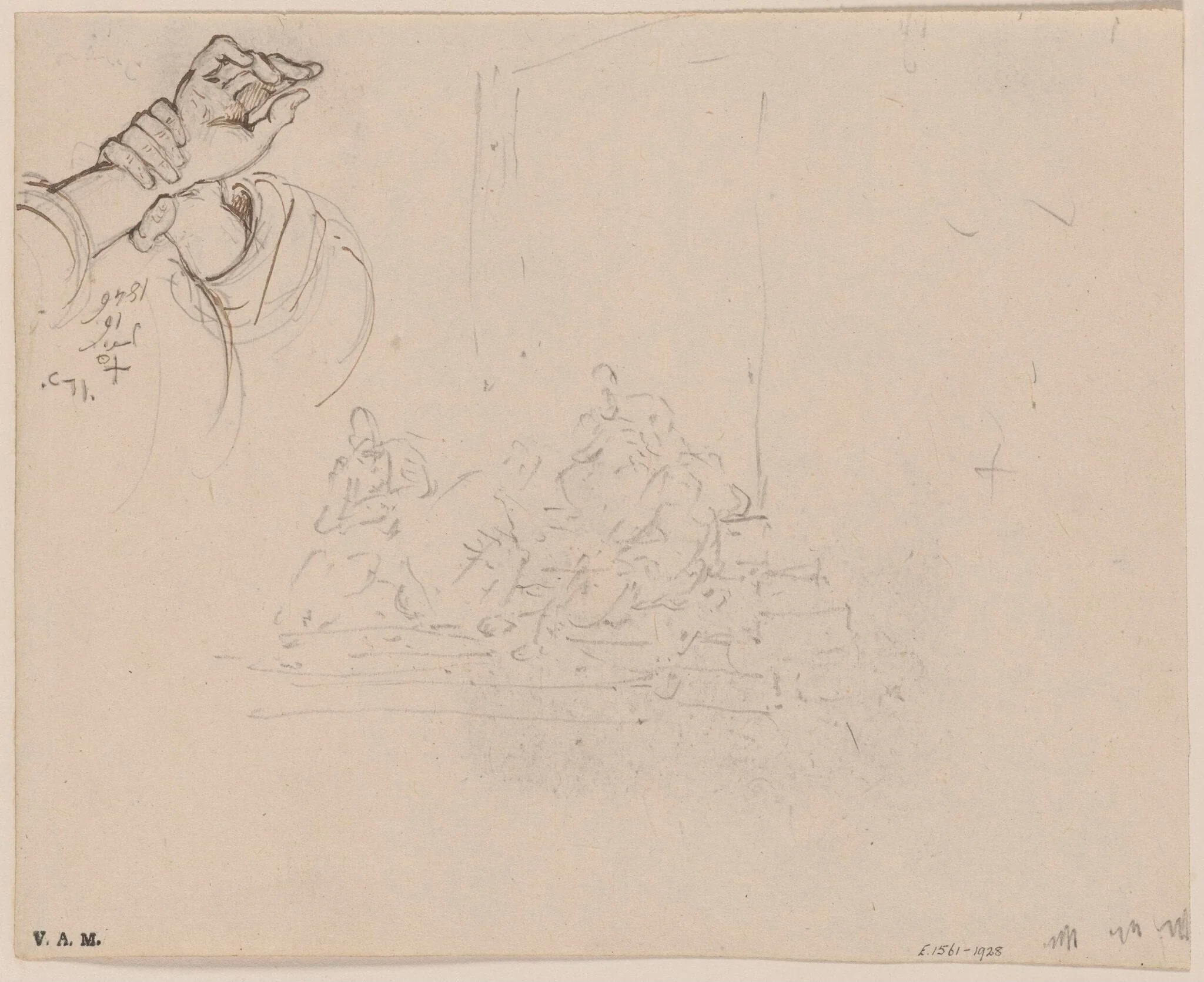 Clasped hands, and a sketch of Chinese figures, detail