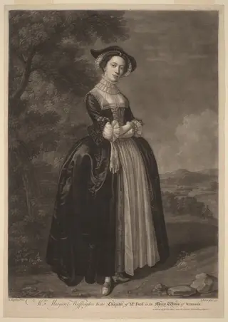 Mrs. Margaret Woffington in the Character of Mrs. Ford in the Merry Wives of Windsor, by John Faber II, ink, 1751