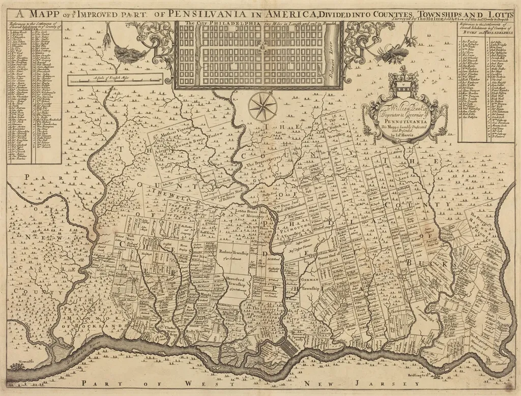 A mapp of ye improved part of Pensilvania in America, divided into countyes, townships and lotts, by Thomas Holme, ink, 1687