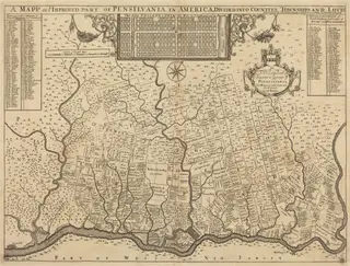 A mapp of ye improved part of Pensilvania in America, divided into countyes, townships and lotts, by Thomas Holme, ink, 1687